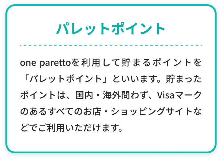 「パレットポイント」one parettoを利用して貯まるポイントを「パレットポイント」といいます。貯まったポイントは、国内・海外問わず、Visaマークのあるすべてのお店・ショッピングサイトなどでご利用いただけます。