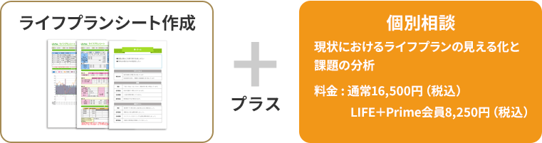 ライフプランシート作成⇒お客さまに応じた個別相談（現状におけるライフプランの見える化と課題の分析。料金 : 16,500円（90分））