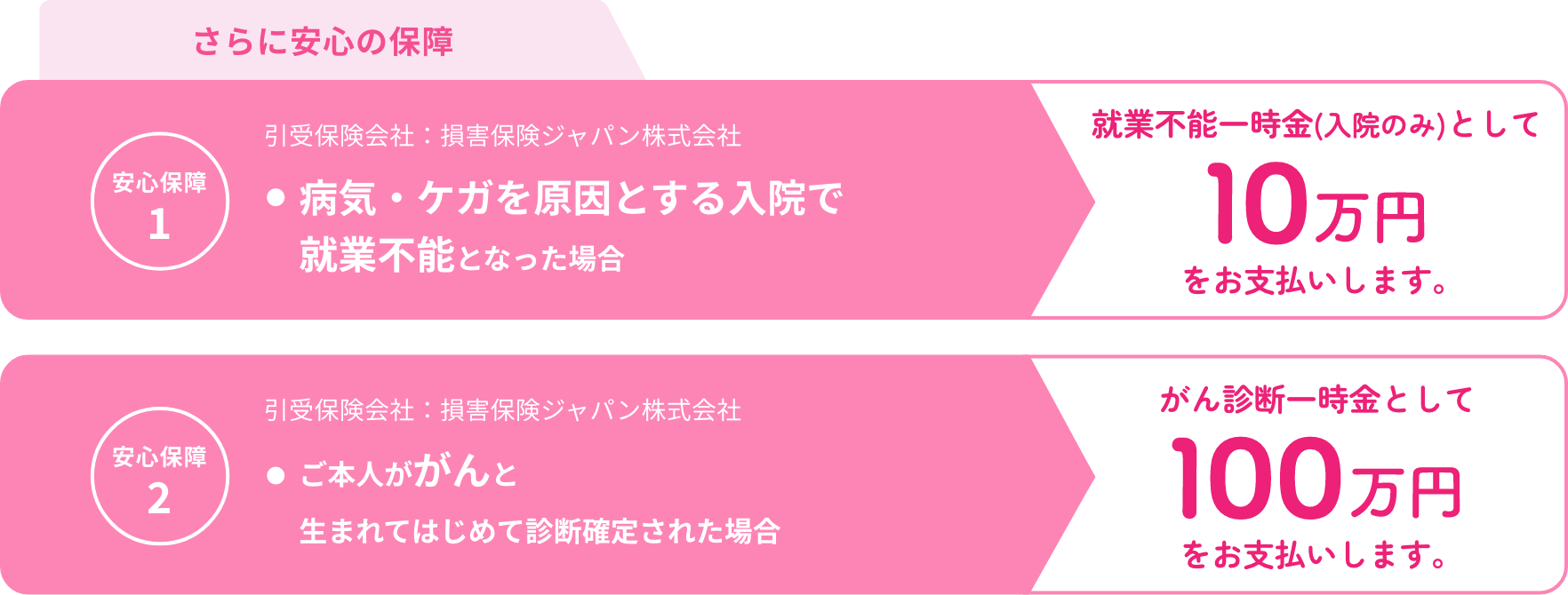 【さらに安心の保障】（安心保障1）引受保険会社：損害保険ジャパン株式会社病気・ケガを原因とする入院で就業不能となった場合就業不能一時金(入院のみ)として10万円をお支払いします。（安心保障2）引受保険会社：損害保険ジャパン株式会社ご本人ががんと生まれてはじめて診断確定された場合がん診断一時金として100万円お支払いします。（